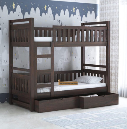 Solid Sheesham Wood Bunk Bed | Twin Over Wooden Bunker Bed with Ladder | Junior Space Saving Bed with 2 Drawers Storage for Children Bedroom | Walnut Finish